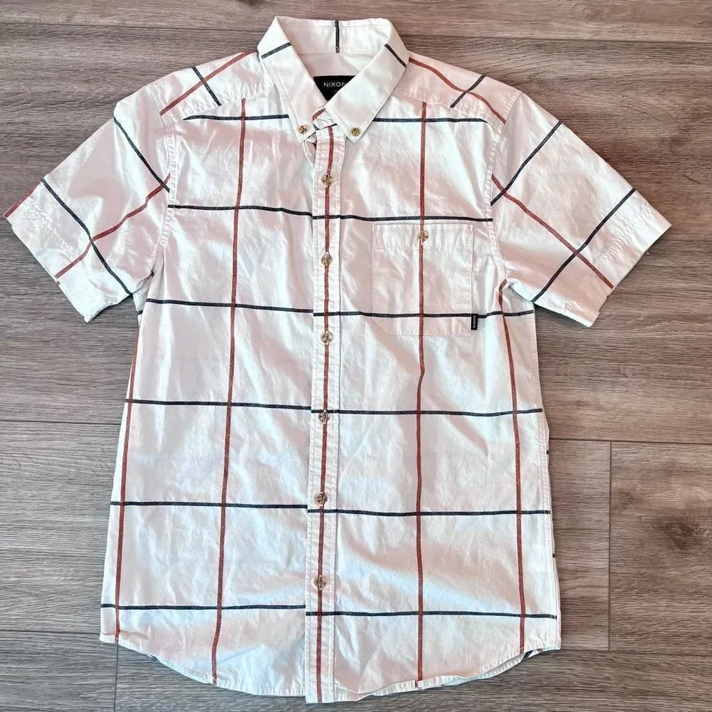 Nixon Men's White Cotton Windowpane Short Sleeve‎ Button Down Shirt Size Small